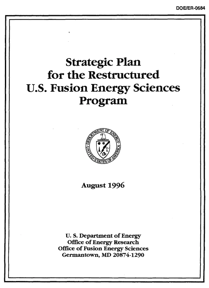Cover image to the 1996 Strategic Plan for the Restructured U.S. Fusion Energy Sciences Program
