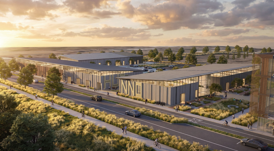 Aerial rendering of the Innovation Hub's planned lab and office campus at sunset, with cyclists and native landscaping