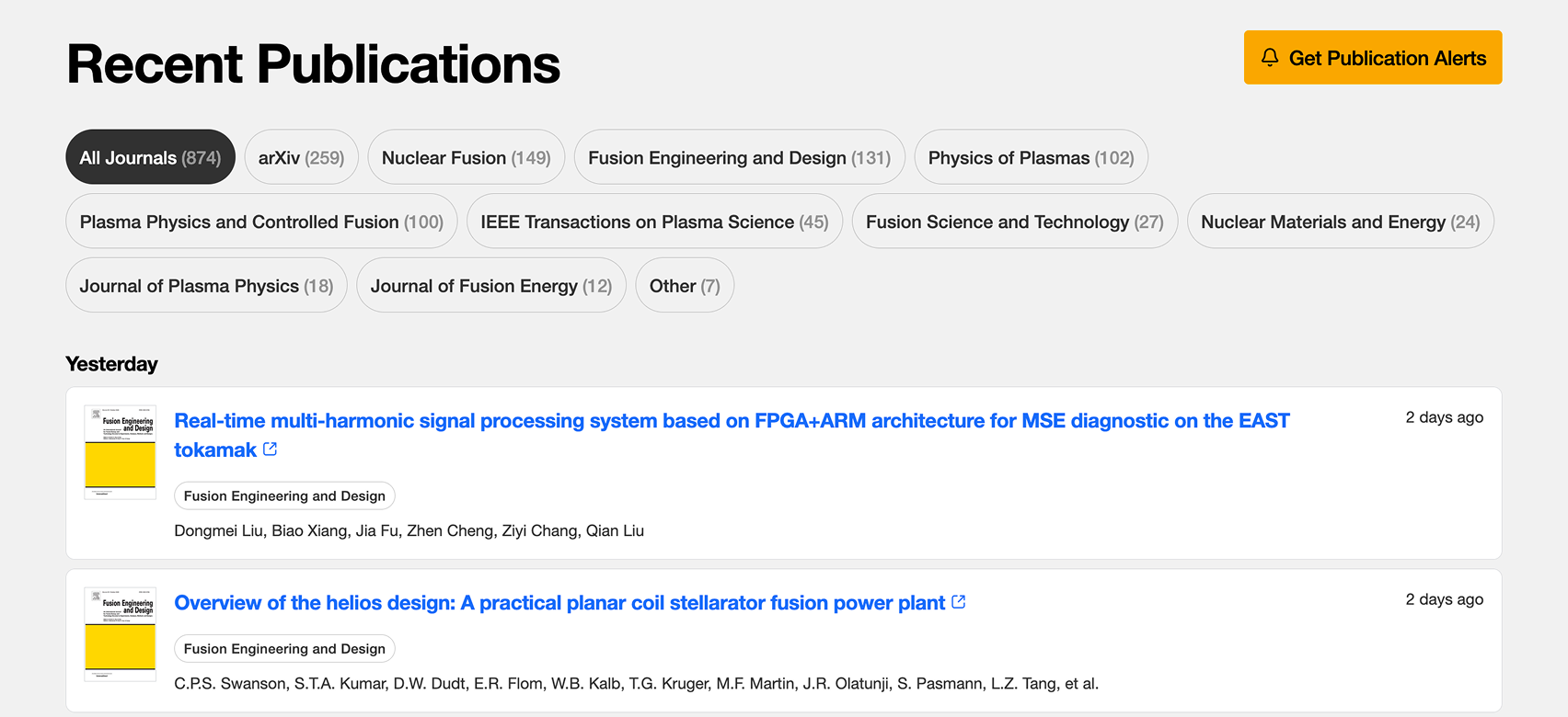 Screenshot of publications page